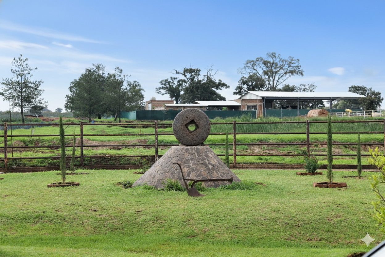  el pandillo tour Stone sculpture in a grassy field with trees and buildings in the background