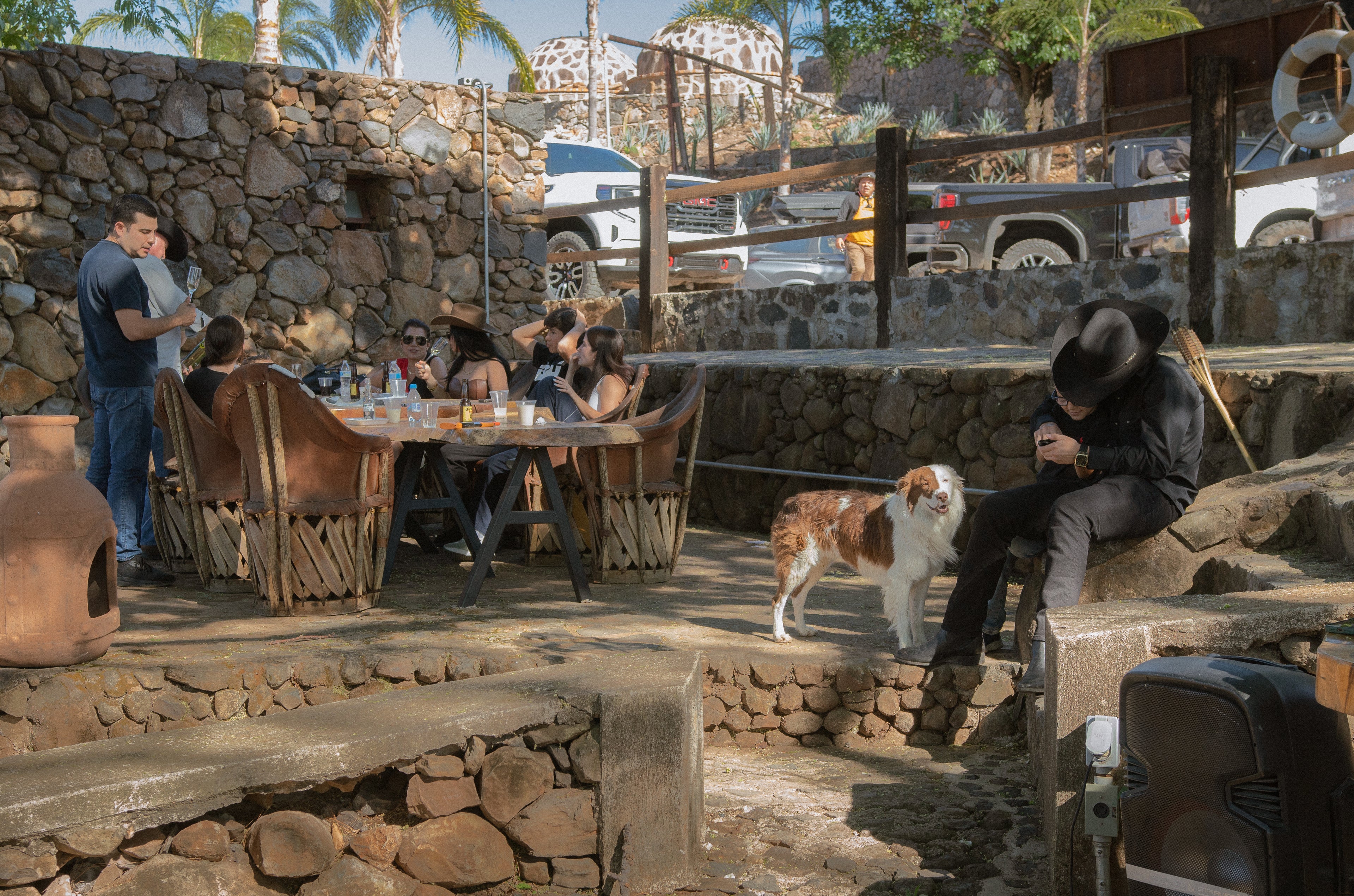 People sitting around a stone table with a dog in an outdoor setting.