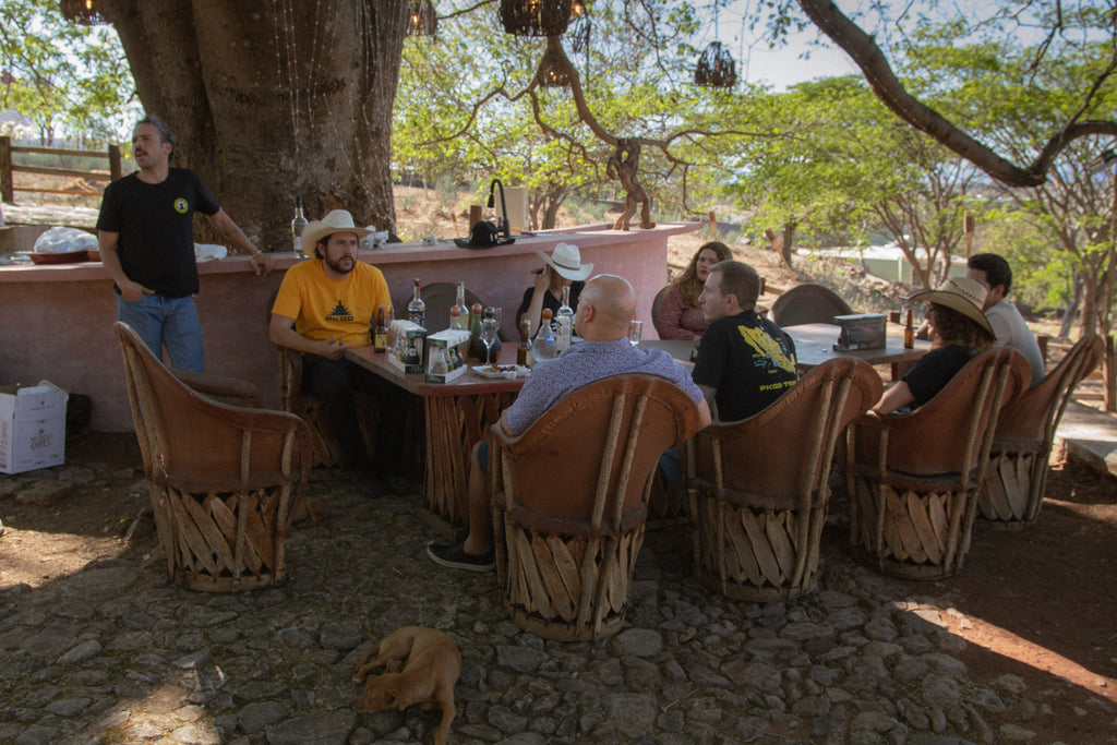 Group of people sitting around a table outdoors with trees and a dog in the background