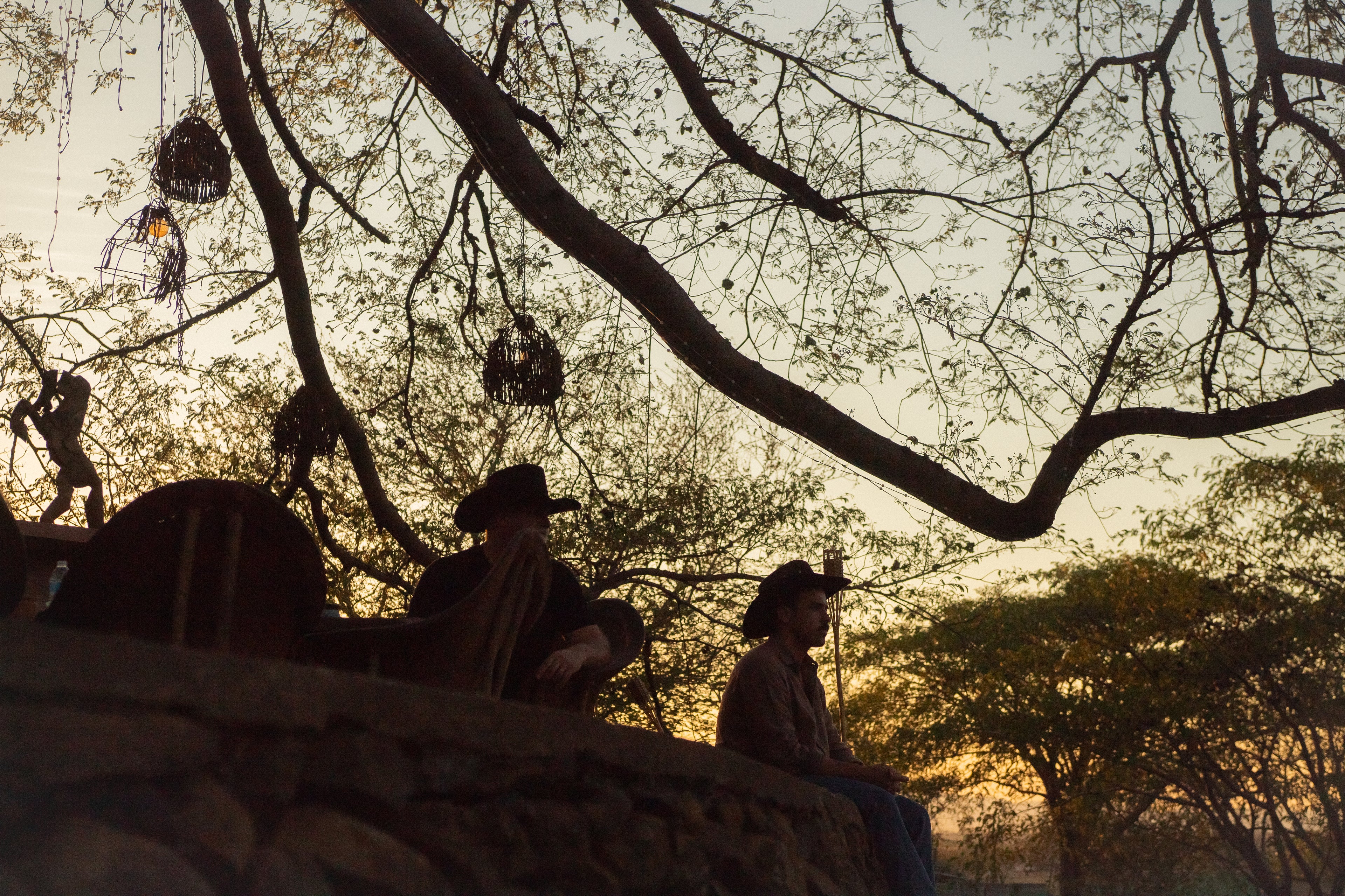 ARRIESGADO TEQUILA Silhouettes of people and horses under a tree with a sunset or sunrise background.