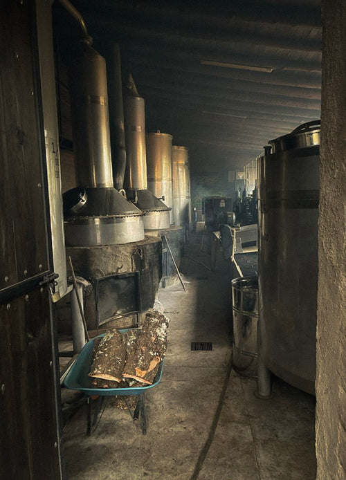 Industrial interior with large metal tanks and pipes in a dimly lit room.